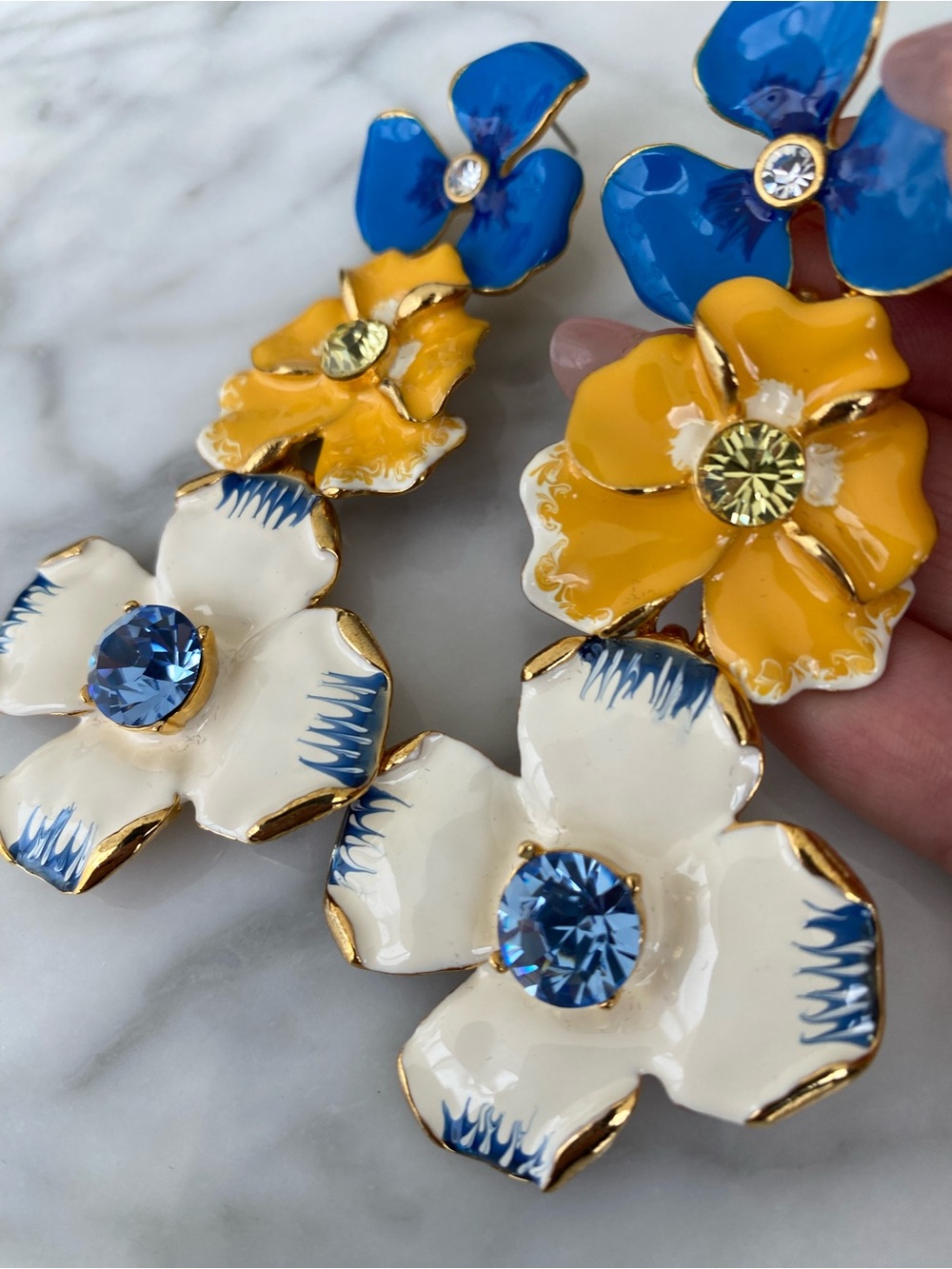 Kenneth Jay Lane Blue, Yellow & White Triple-Flower Drop Earrings - Picture 3 of 9